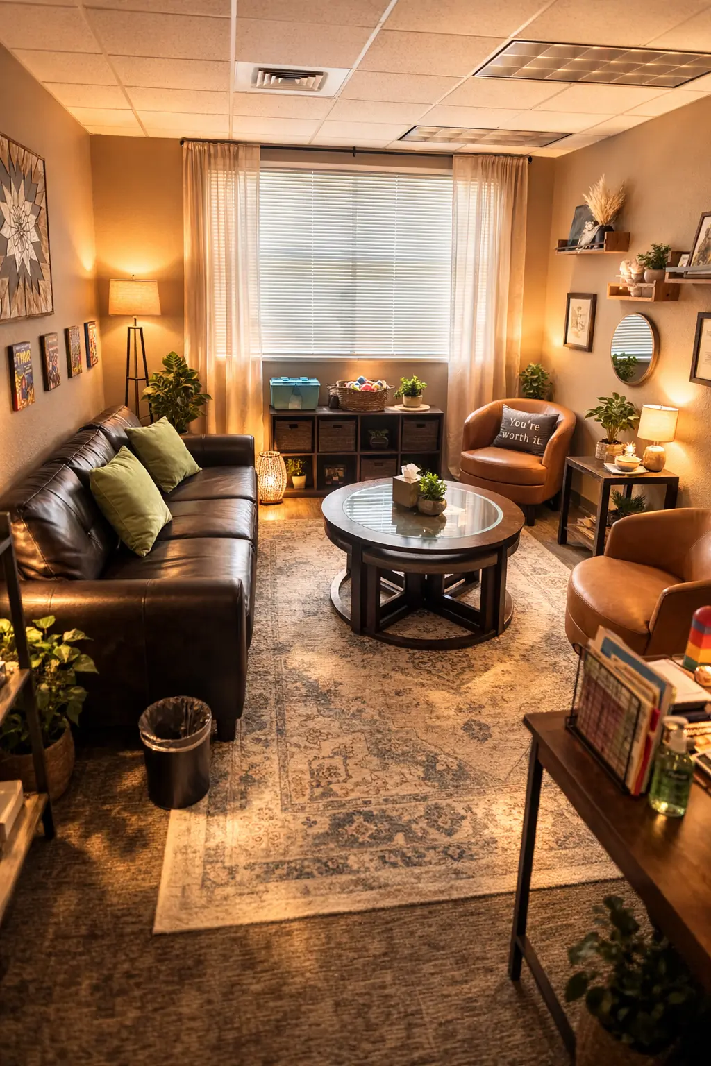 A cozy therapy room with warm lighting, plants, and comfortable seating
