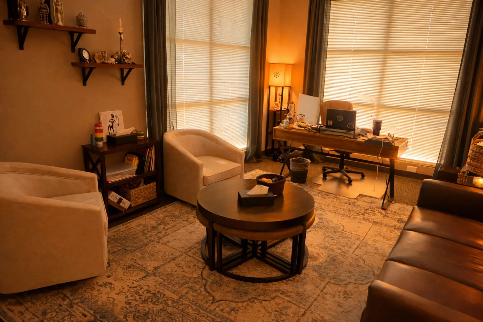 A calming session room with soft chairs and a window